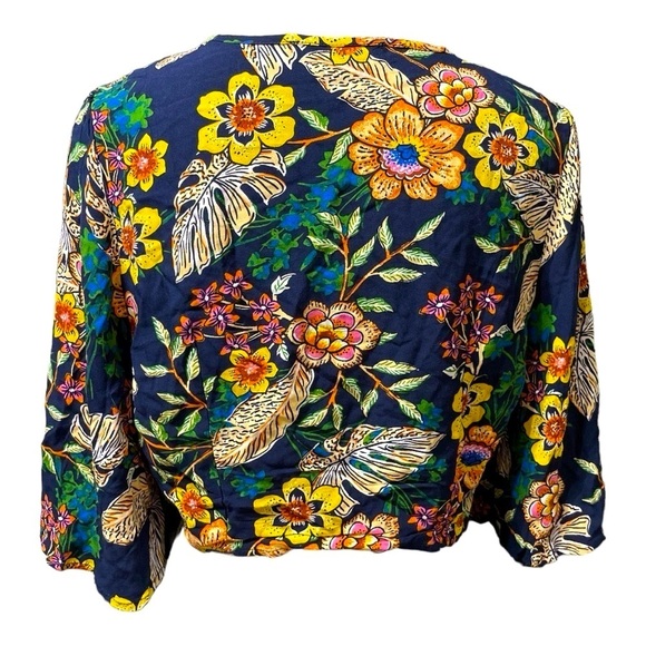 New Look Floral Tie-Front Crop Top Boho Kimono Sleeve Navy Multicolor Size M - Picture 3 of 8